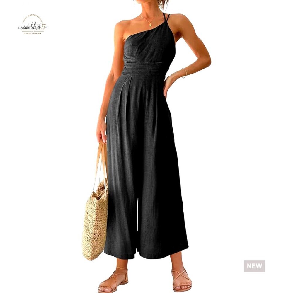One Shoulder High Waist Wide Leg Linen Jumpsuit Romper Size Large